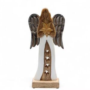 Large Mango Wood Star Angel Metal Wings & Enamel Detail
